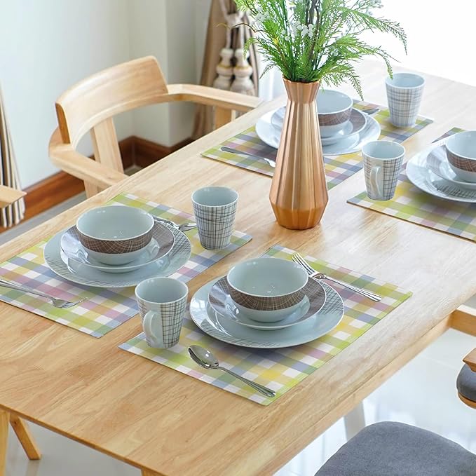 Spring Easter Placemats Set of 4 Linen Colorful Plaid Pink Green Place Mat Washable Non-Slip Heat Resistant 12×18 Inch Thick Place Mats Decorative Fabric Table Mat for Dining Table