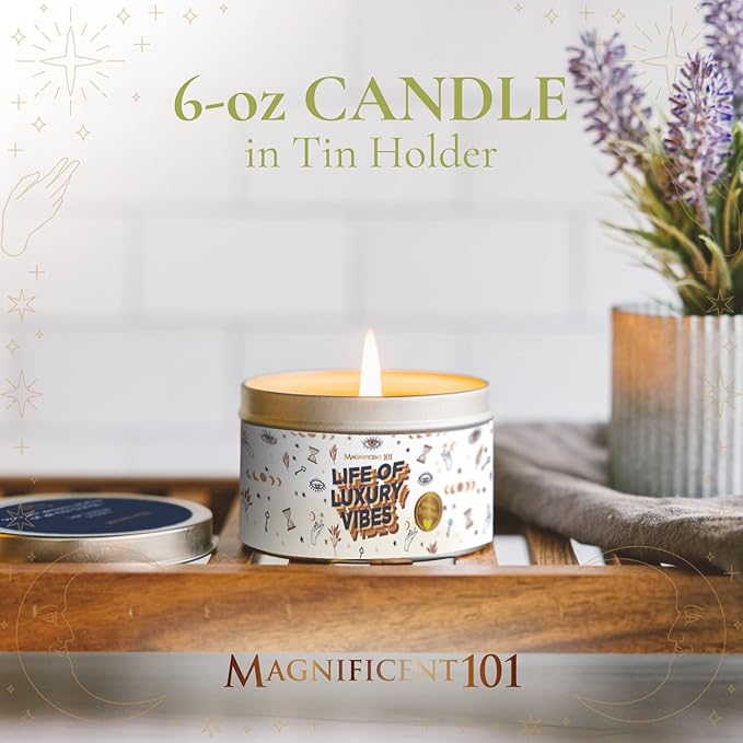 Magnificent 101 Life of Luxury Vibes 6-oz. Candle in Tin Holder; 100% Natural Soy Wax with Sage, Cinnamon & Citronella Essential Oils for Aromatherapy, Meditation, Home Energy Cleansing; Great Gift