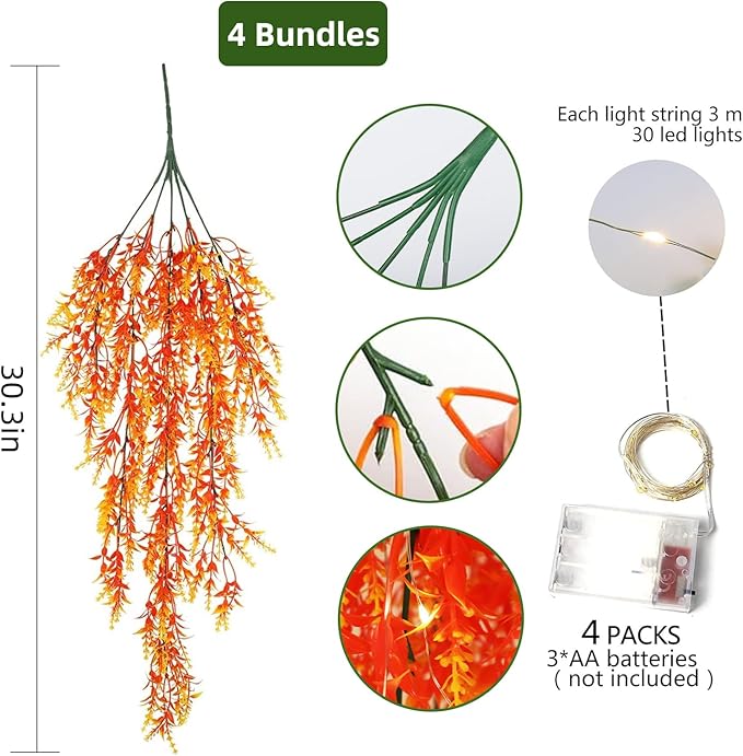 RECUTMS Fall Flowers Faux Hanging Plants Artificial Autumn Fake with Lights for Thanksgiving Indoor Outdoor Wedding Garden (Gold 2)