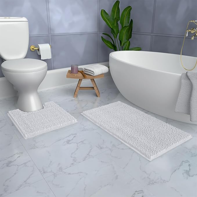 LuxUrux Bathroom Rugs Sets 2 Piece: Quick Dry, Soft Plush Anti-Slip, Super Absorbent. Includes Rectangular (31x20 inches) & U-Shaped Toilet Mat (20x20 inches) | White