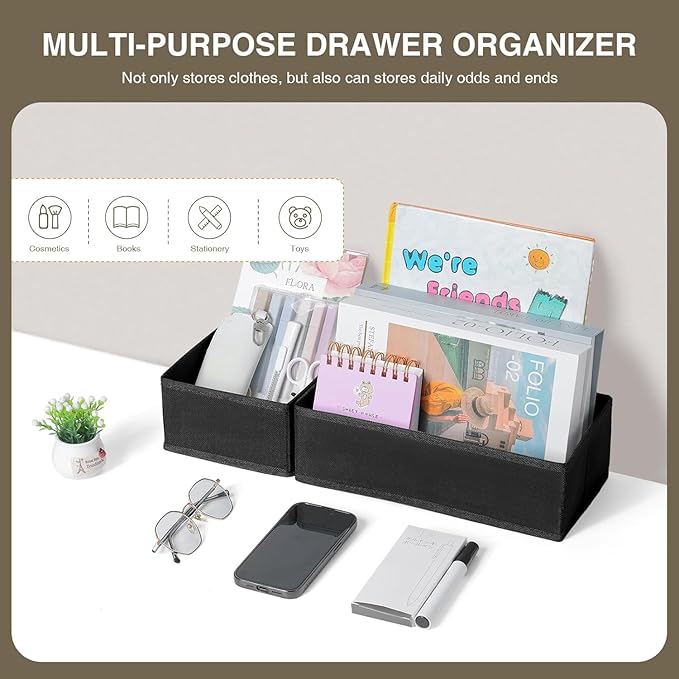 DIMJ Drawer Organizers - Set of 8 Foldable Closet Dividers for Baby Clothes, Socks, Belt, Tie (Black)