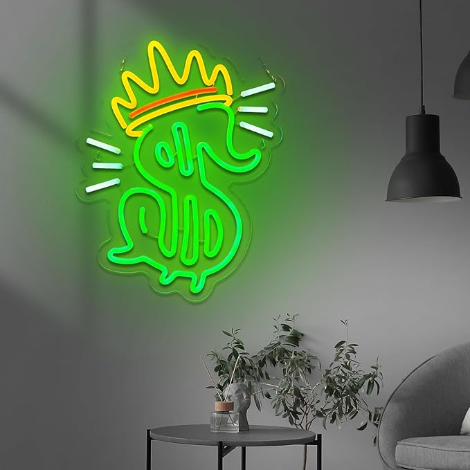 Money Sign Neon Sign Dollar Neon Sign for Wall Decor Dollar with Corwn USB Dimmable LED Neon Lights for Beer Bar Kitchen Restaurant Home Bar Pub Tavern Party Man Cave Club Shops Hotel Store Business Gift