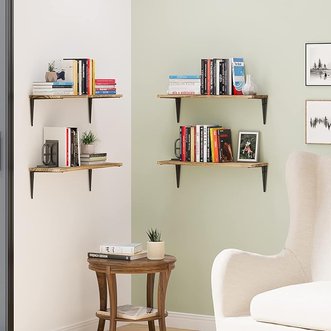 Wallniture Arras 24"x8" Floating Shelves for Wall Storage, Wall Bookshelf for Living Room Decor, Kitchen Organization and Storage Shelves, Bedroom Bookshelves, Burnt Finish Set of 4