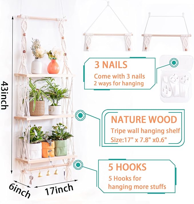 Wall Hanging Shelves Macrame Boho Floating Plant Photos Storage Rack Wood Shelf with Hooks for Bedroom Living Room Bathroom (3tier Shelves)