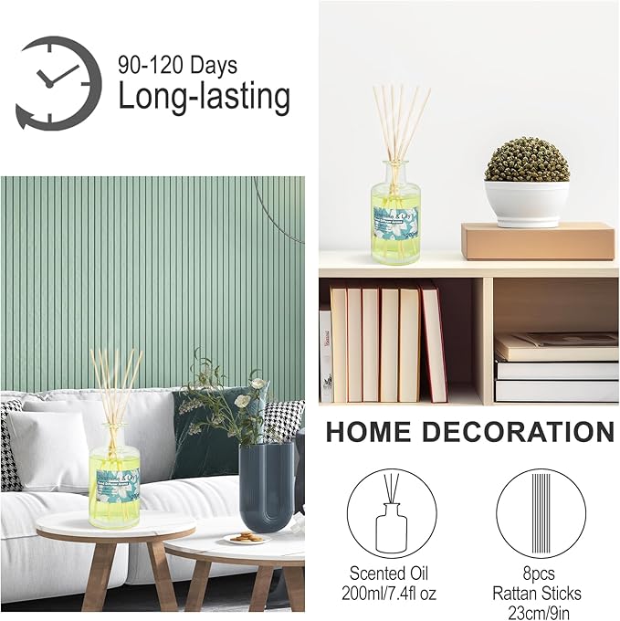 Reed Diffuser Set - 200ml Jamine & Lily Essential Oil Set Includes Rattan Sticks, 6.8fl oz Flower Aroma, Large Glass Bottle, Bathroom Air Freshener, Home Fragrance for Shelf Room Decor