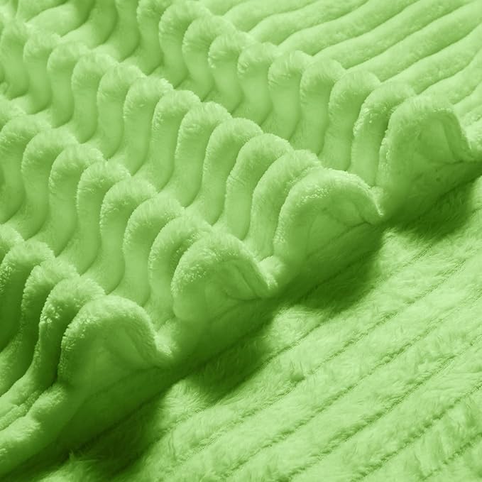 Bnuitland Light Green Flannel Throw Blanket (60X80 inches) with Storage Pouch,300GSM Super Soft Fleece Stripe Pattern Sofa Blanket for Adults, Lightweight Cozy Bed Throw for Home Decor All Season