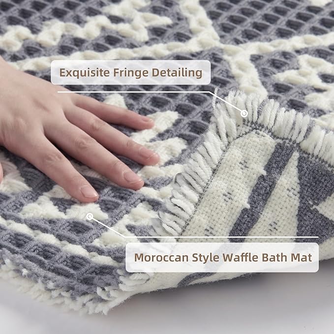 PADOOR-Waffle Bathroom Runner 24"x48", Super Absorbent Bath Mats for Bathroom, Machine Washable Non Slip Bath Rug with Tassels, Soft Bath Mat for Laundry Room, Bedroom, Grey & Cream, 2'x 4'