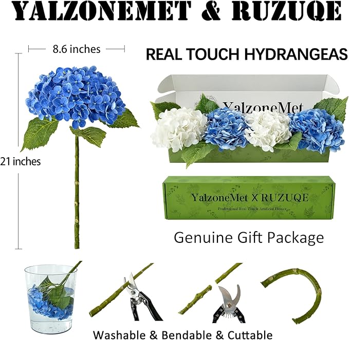 YalzoneMet 4Pcs Real Touch Hydrangea Artificial Flower Natural Lifelike 21'' Latex Long Stem Latex Hydrangea Flower Bouquets for Home Party Wedding Table Centerpiece Decor(2 White+2 Dark Blue)