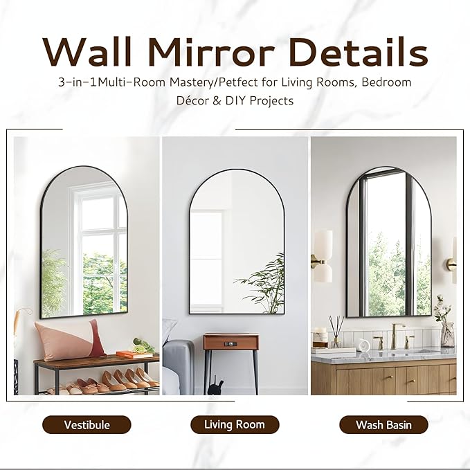 Black Arched Bathroom Mirror 24"X36" Black Arched Mirror Wall Mounted Mirror Modern Farmhouse Mirror Vanity Curved Arch Hanging Mirror Frosted Metal Frame for Bedroom Living Room DéCor
