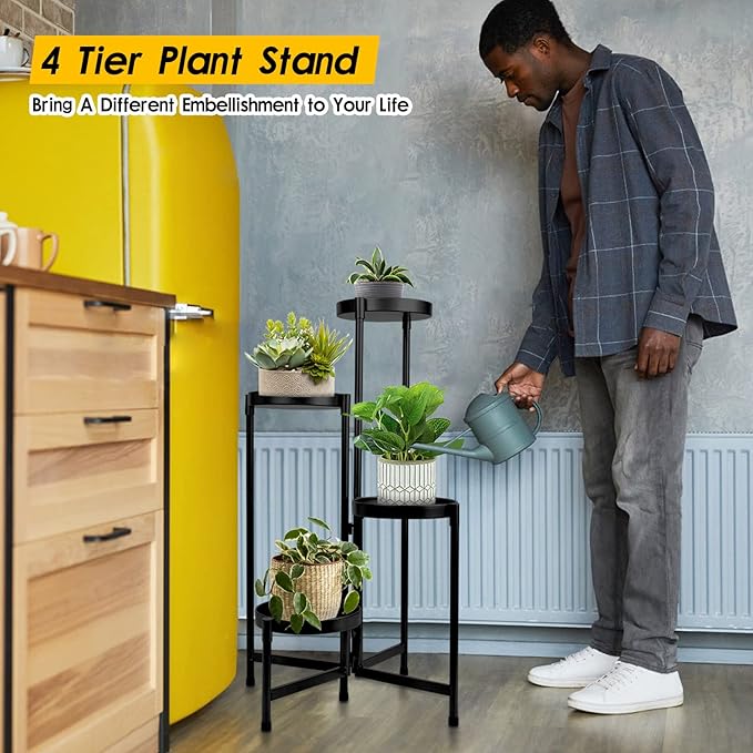4 Tier Plant Stand Indoor Outdoor, 31 Inch Tall Metal Plant Shelf Waterproof, Plant Holder with Folding Design For Home, Living Room, Black
