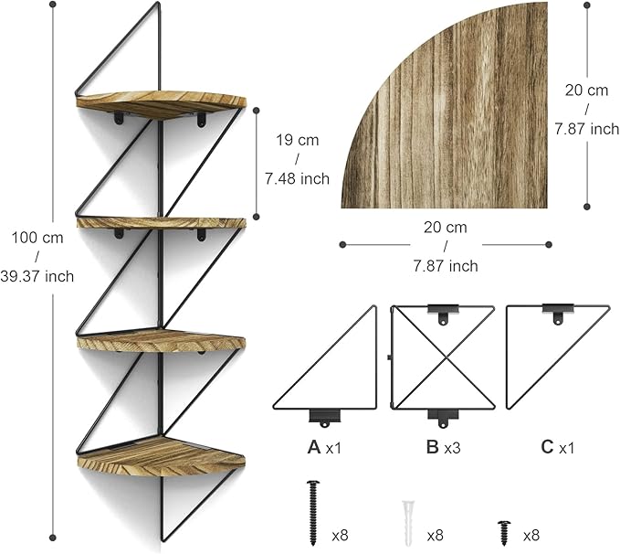 SZQINJI Wall Mount Corner Shelf 4-Tier Rustic Wood Floating Shelves Wall Hanging Shelves for Bathroom Bedroom Living Room Kitchen Office and More Carbonized Black