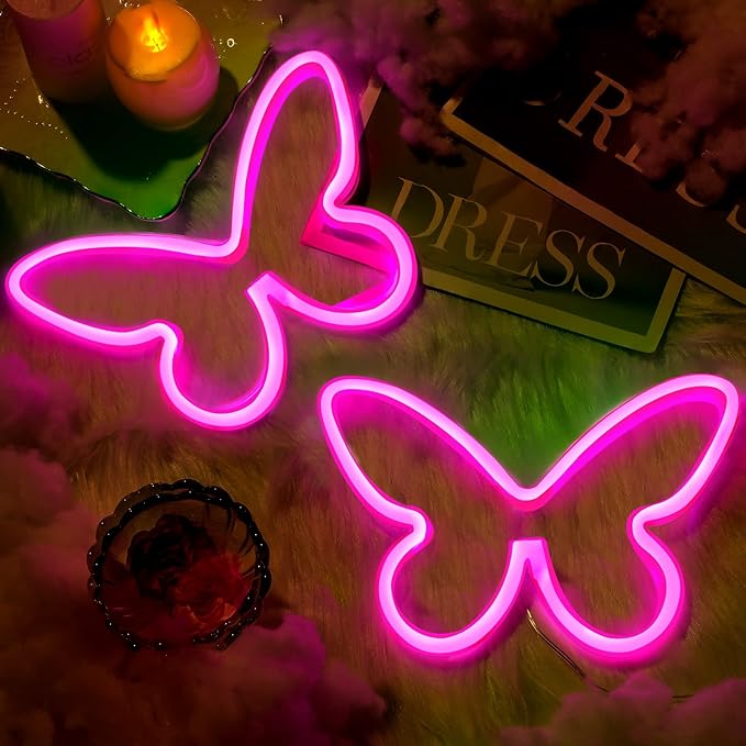 Riakrum 2 Pcs Butterfly Neon Signs LED Light 3AA Battery Powered USB Operated Wall Neon Light Decor Butterfly Wall Art for Christmas Home Bedroom Birthday Party Decor(Pink)