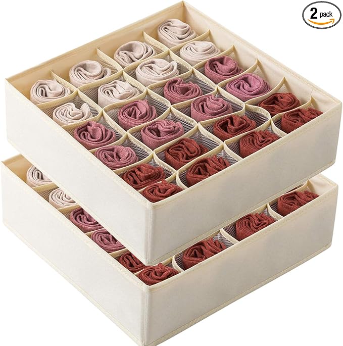 Qozary 2 Pack Socks Underwear Drawer Organizer Divider, 24 Cell or 16 Cell Collapsible Cabinet Closet Organizer Storage Boxes for Clothes, Socks, Lingerie, Underwear, Ties