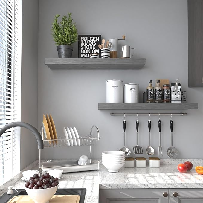 Floating Shelves for Wall- 17 Inch Natural Wood Shelves for Bathroom, Bedroom, Kitchen Decor, Farmhouse Decor Set of 2, Grey