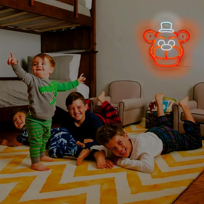 Cute Five Nights Bear Neon Sign, Anime Neon Light for Wall Decor Bedroom, Children's Room, Birthday, Festival Decorations, USB Powered Orange Color White, 11.8inch x 11.8 inch