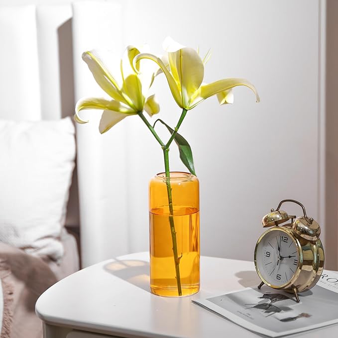 ComSaf Glass Flower Vase, 8 Inch Tall Bud Vases, Home Decor Vases for Centerpiece for Living Room and Bedroom, Decorative Vases for Wedding, Valentines' Day, Mother's Day (Amber)