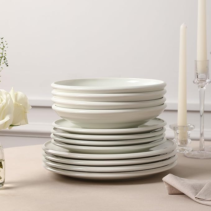 Earth & Clay Harmony 12-Piece Dinnerware Stoneware, Plates and Bowls Set, Includes Dinner and Salad Plates, Cereal Bowls, Dishwasher and Microwave Safe, Dish Set for 4, White