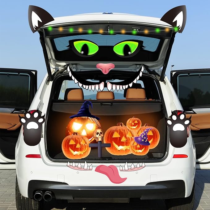 POILKMNI Halloween Black Cat Trunk or Treat Car Decorations Kit, Halloween Garage Door Decorations with Eyes, Fangs, Tongue, Nostrils Double Side Stickers for Car SUV Truck, Halloween Decorations