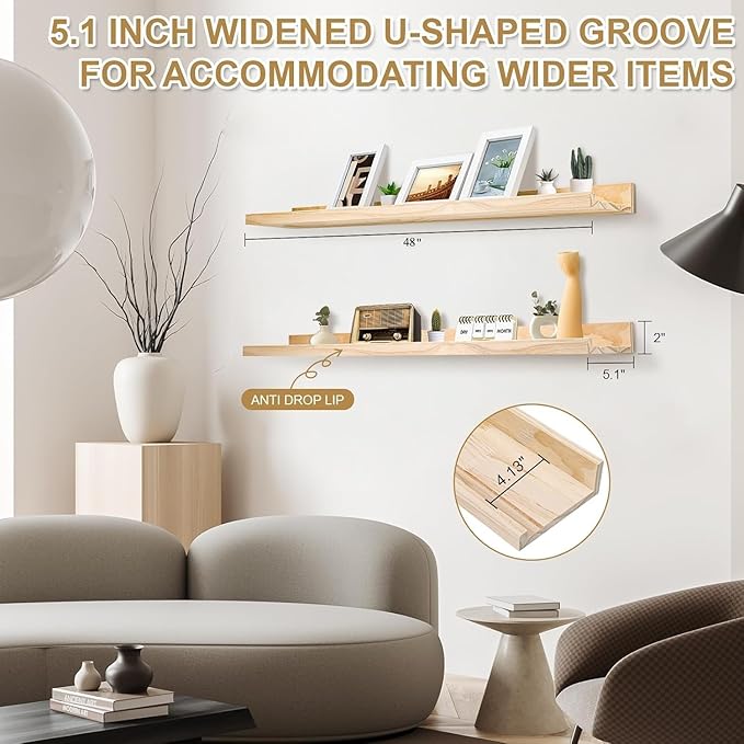 Long Floating Shelves Natural Wood, Picture Ledge Decorative Shelf 48 Inch, Large Wall Mount Photo Shelves Set of 2, Kitchen Unfinished Wooden Shelves for Bedroom Livingroom Bathroom,Pine Wood