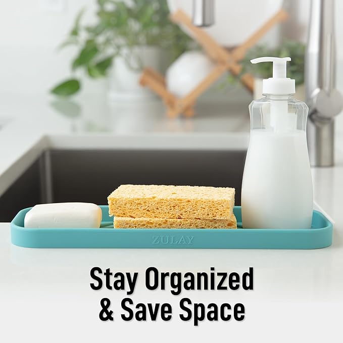 Zulay Large Silicone Sponge Holder (12x4) – Flexible Sink Organizer Tray for Kitchen & Bathroom – Multipurpose Soap Dish for Sponges, Makeup, Trinkets & More (Aqua Sky)