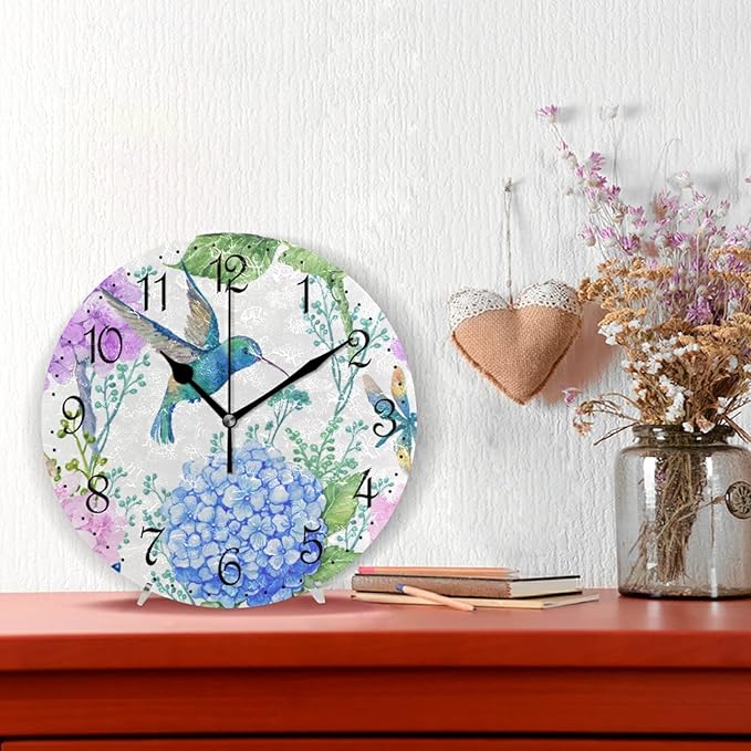 ALAZA Wall Clock Watercolor Blue Hummingbird Silent Non-Ticking Decorative Flowers Wall Clocks Battery Operated for Living Room Kitchen Bathroom Bedroom
