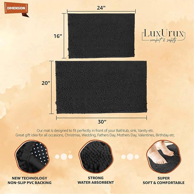 LuxUrux 2 Piece Bathroom Rug Set - Premium Plush Bath Mat Shower Rugs, 1" Chenille Microfiber, Non-Slip & Absorbent, Soft & Cozy, Durable Stylish (20x30 & 16x24 inches, Black)