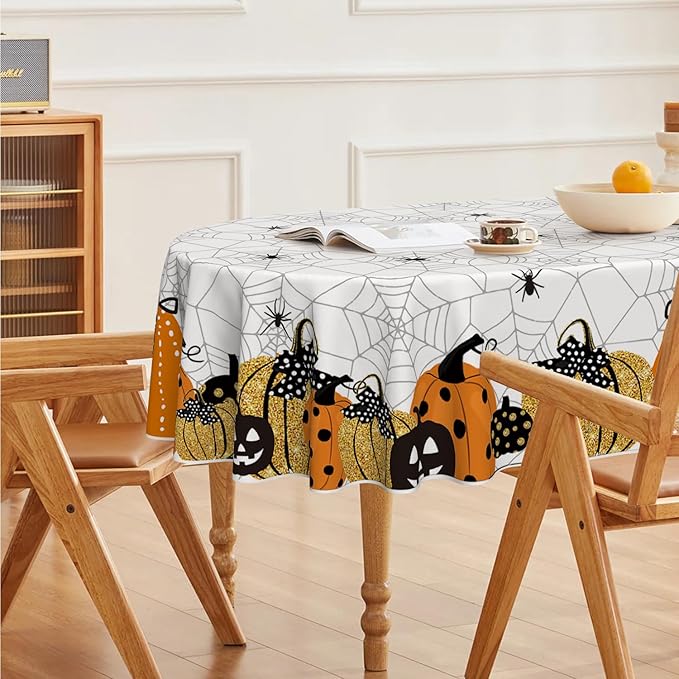 Horaldaily Halloween Tablecloth 60×84 Inch Oval, Jack-O-Lantern Pumpkin Cobweb Scary Themed Washable Table Cover for Party Picnic Dinner Decor