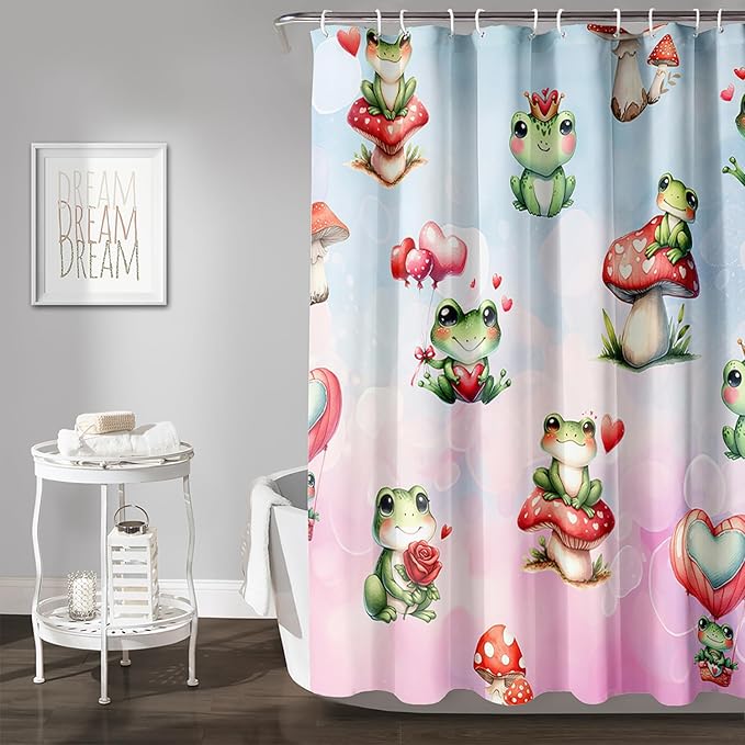 AILONEN Cartoon Frog Shower Curtain,Green Frog with Red Mushroom Roses Bathroom Curtain for Kids Boys Girls,Kawaii Amphibian Animal Waterproof Fabric Shower Curtains for Bathroom,60" W*72" H