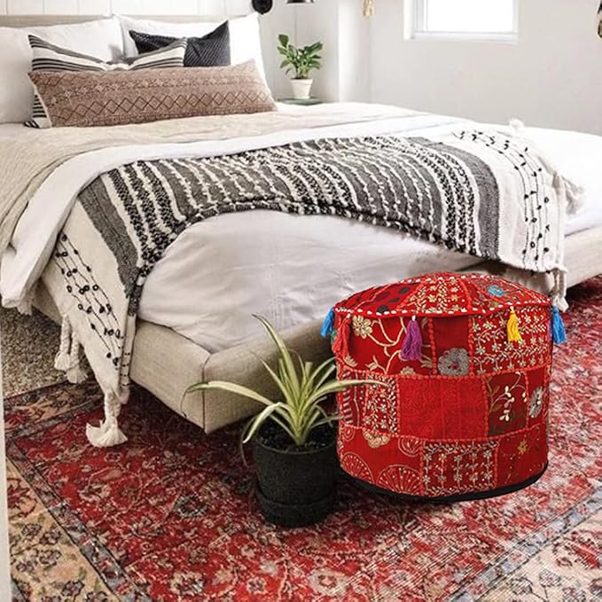 Aakriti Gallery Indian Pouf Footstool Ethnic Embroidered Pouf Cover - Round Ottoman Pouffe - Red, 18x13