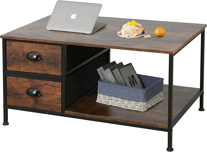 SENIG Coffee Table with Drawers, Coffee Table for Living Room, 2-Tier Coffee Tables with Storage Drawers,Brown Coffee Tables for Small Spaces, Rectangle Wood Ttable, Metal Side End Table