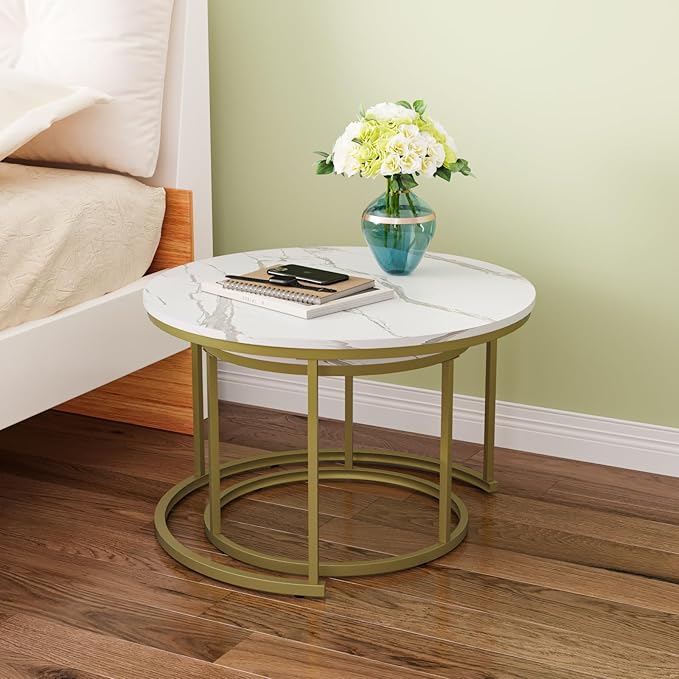Smuxee White Nesting Coffee Table Set of 2, 27.6" Round Coffee Table Wooden Marble Pattern with Adjustable Non-Slip Feet, Industrial End Table for Living Room Bedroom Balcony
