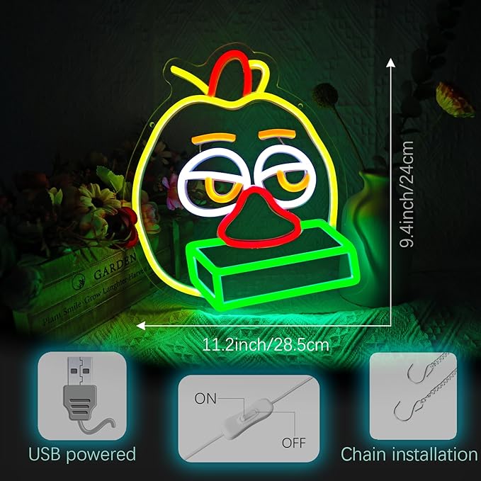Playful Chicken Neon Signs for Wall Decor, Anime LED Light for Bedroom, Kids' Room, Birthday Decorations, USB Powered, Yellow, Green, Orange Color, 11.2"x9.4"