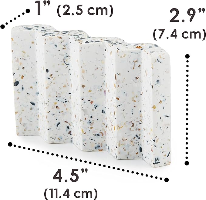 Zig Zag Jesmonite Terrazzo Stone Soap Dish for Bathroom Sink - Concrete Soap Saver for Bar Soap Holder for Shower - Sponge Holder - Self Draining Soap Dish Holder - Kitchen Soap Tray (White)