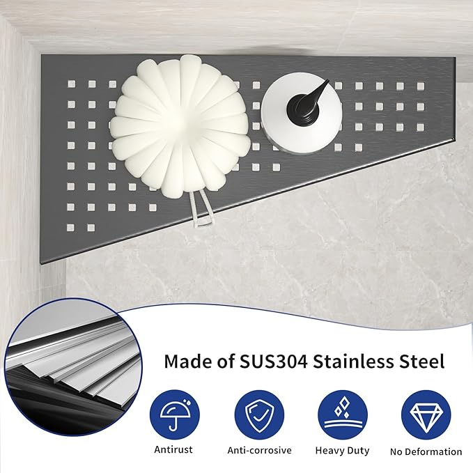 Corner Shower Shelf, 12" Trapezoid Floating Shelf 304 Stainless Steel Grid Design Recessed Bathroom Shelf for Tiled Wall No Drilling (Gunmetal, 12"-2 Pack)