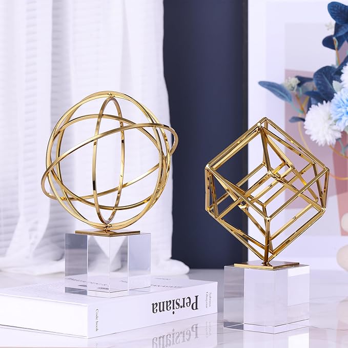 DOVDOV Gold Geometric Decorations, Metal Knot Statues and Crystal Base Decorations, Luxury Home Decor for Room Office Shelves on Display Shelves Decorative Aesthetics.