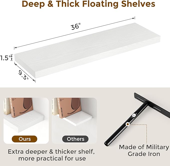 Floating Shelves White 36 Inch Long, 9.3" Deep Floating Shelf Wall Mounted, Rustic Deep Bookshelf, Large Display Storage Shelves for Bathroom, Bedroom, Kitchen, 36"W x 9.3"D x 1.5"H, Set of 2