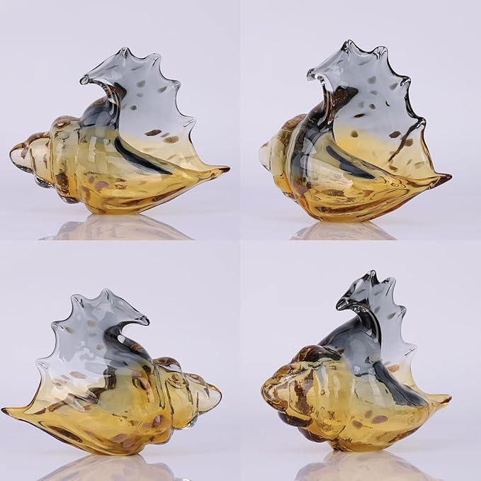 DOVDOV Hand Blown Glass Conch Statues, Gray and Amber Glass Art Figurines, Conch Shells for Coastal Home Decor, Living Room TV Stand and Bookcase Decor, Bathroom Shelf Tops and Cabinet Decor.