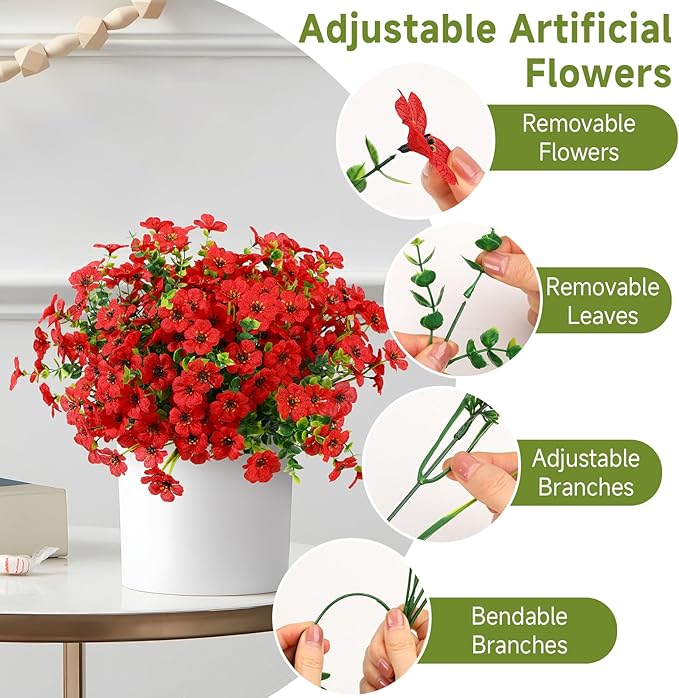 24 Bundles Artificial Flowers for Outdoors Decoration, UV Resistant Silk Violet Faux Colorful Daisy Eucalyptus Spring Fake Plants for Outside Indoor Yard Home Patio Porch Decor, Red