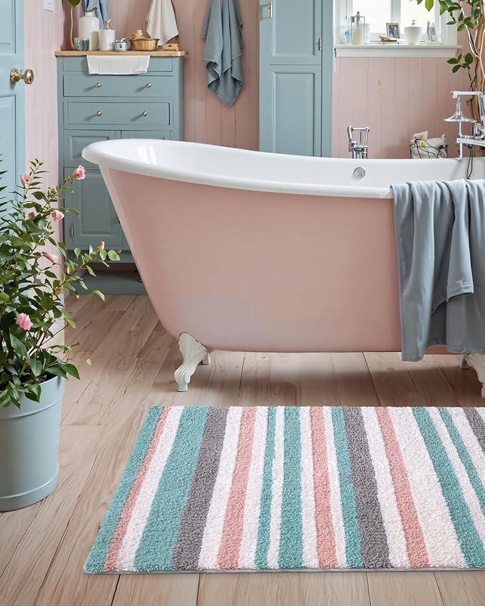 LUMI Striped Bath Rugs, Extra Soft and Absorbent Microfiber Bath Mat, Machine Wash Non-Slip for Bathtub or Bathroom Floor, 17"x30", Pink