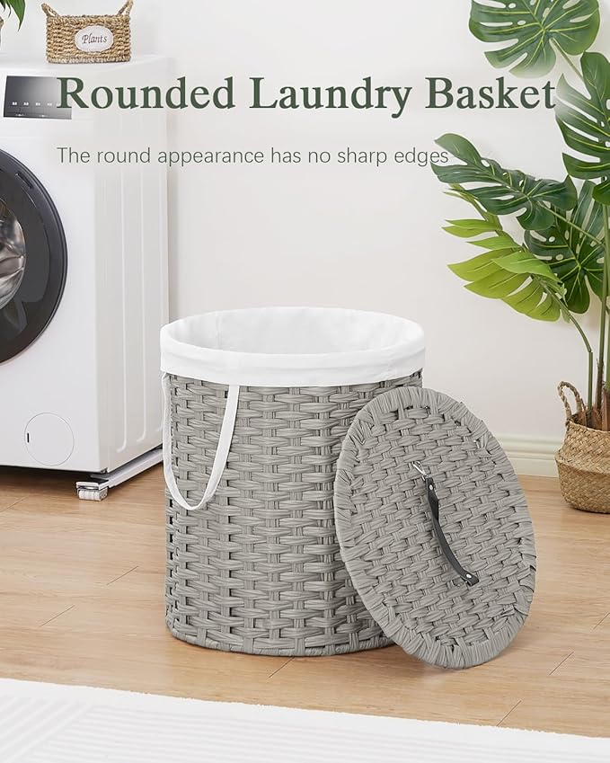 Laundry Hamper with Lid Wicker Laundry Hamper Round 26.5 Gal (100 L) Laundry Basket Handwoven Rattan Laundry Basket with Removable Bag Handles 2 Mesh Bags for Living Room Bedroom Gray