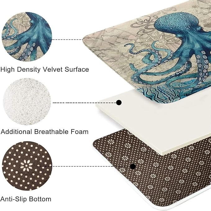 Britimes Blue Bath Mat for Bathroom, Sea Theme Octopus Washable Cover Floor Rug Carpets Floor Mat Bathroom Decorations 20x32 Inches for Kitchen Bedroom Indoor