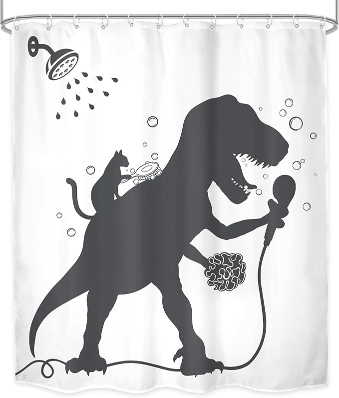 LGhtyro Kids Funny Dinosaur Shower Curtain Bathroom Set 60Wx71H Inches Boys Dino Cat Trex Raptor Animal Shadow Silhouette Bath Cartoon Bath Accessories Black White Art Home Decor Fabric 12 Pack Hooks