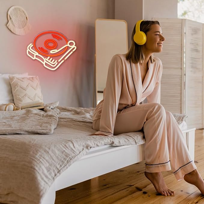 Record Player Neon Sign Retro Red Warm Music Record Neon Light Neon Signs for Studio Decor Live Art Neon Light Sign for Bedroom Beer Bar Decoration