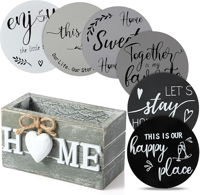 Queekay Housewarming Gifts for Home Decoration Wooden Heart Coasters for Drinks 6 Set Farmhouse Coasters with Holder Funny for Family Coffee Table Protection, 4''(Gray, Black)