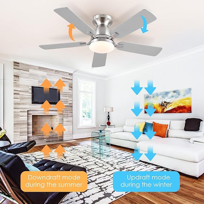 Ceiling Fans with Lights and Remote/APP Control,46" Flush Mount Ceiling Fan Dimmable DC Motor,Low Profile Ceiling Fan for Bedroom,Living Room,Brushed Nickel
