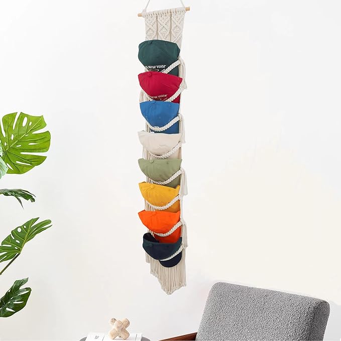 Macrame Cap Holder, Boho Hats organizer for baseball Caps, Hat Rack for Wall Hanging Decoration, Cap Rack for collection Display, Handmade Cap Hanger Storage Organizer (2Pcs-Eight hats)