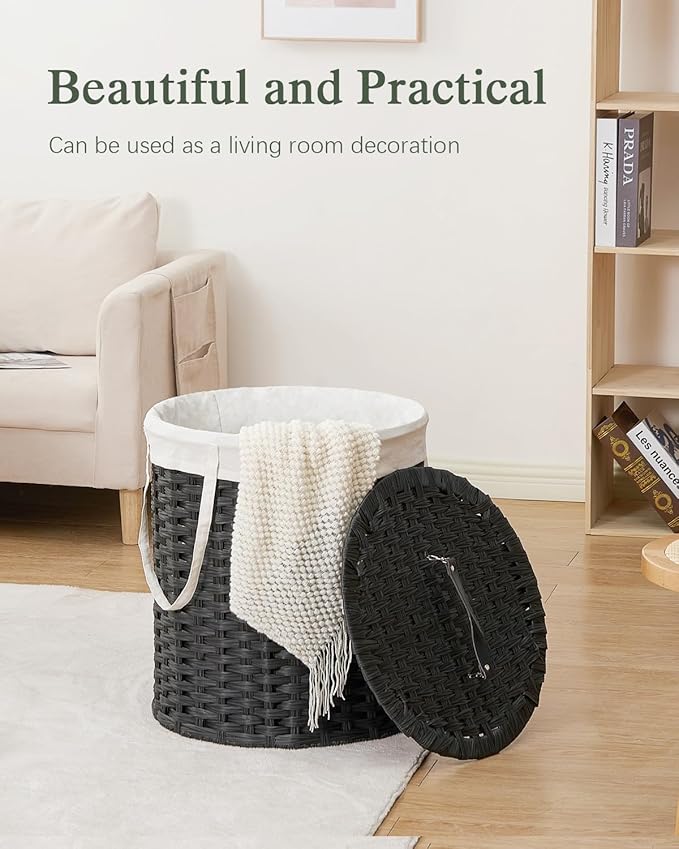 Laundry Hamper with Lid Wicker Laundry Hamper Round 26.5 Gal (100 L) Laundry Basket Handwoven Rattan Laundry Basket with Removable Bag Handles 2 Mesh Bags for Living Room Bedroom Black