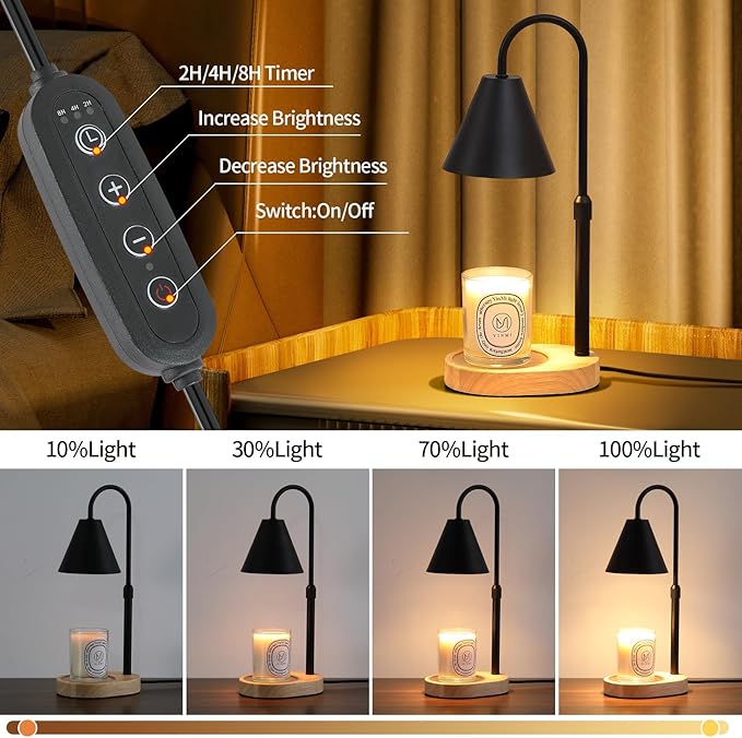 Black Candle Warmer Lamp with Timer and Dimmer,Mother's Day/Birthday for Mom/Wife,Electric Wax Melt Warmer,Home Decor,Scented Jar Lamp,Adjustable Height,with 2 Bulbs