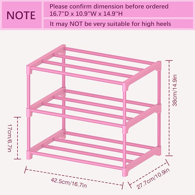 3-Tier Free Standing Shoe Racks for 5-7 Pairs Shoe Storage,Kids Shoe Racks for Small Place, Lightweight Stackable Shoe Shelf Organizer for Entryway, Doorway and Closet,Pink