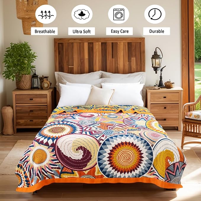 Boho Throw Blanket, 100% Organic Muslin Cotton Breathable Ultra Soft Bed Quilt Throw - All Season Floral Bird Butterfly Farmhouse Decor Blanket for Sofa Couch Chair and Gift. 60" x 80"